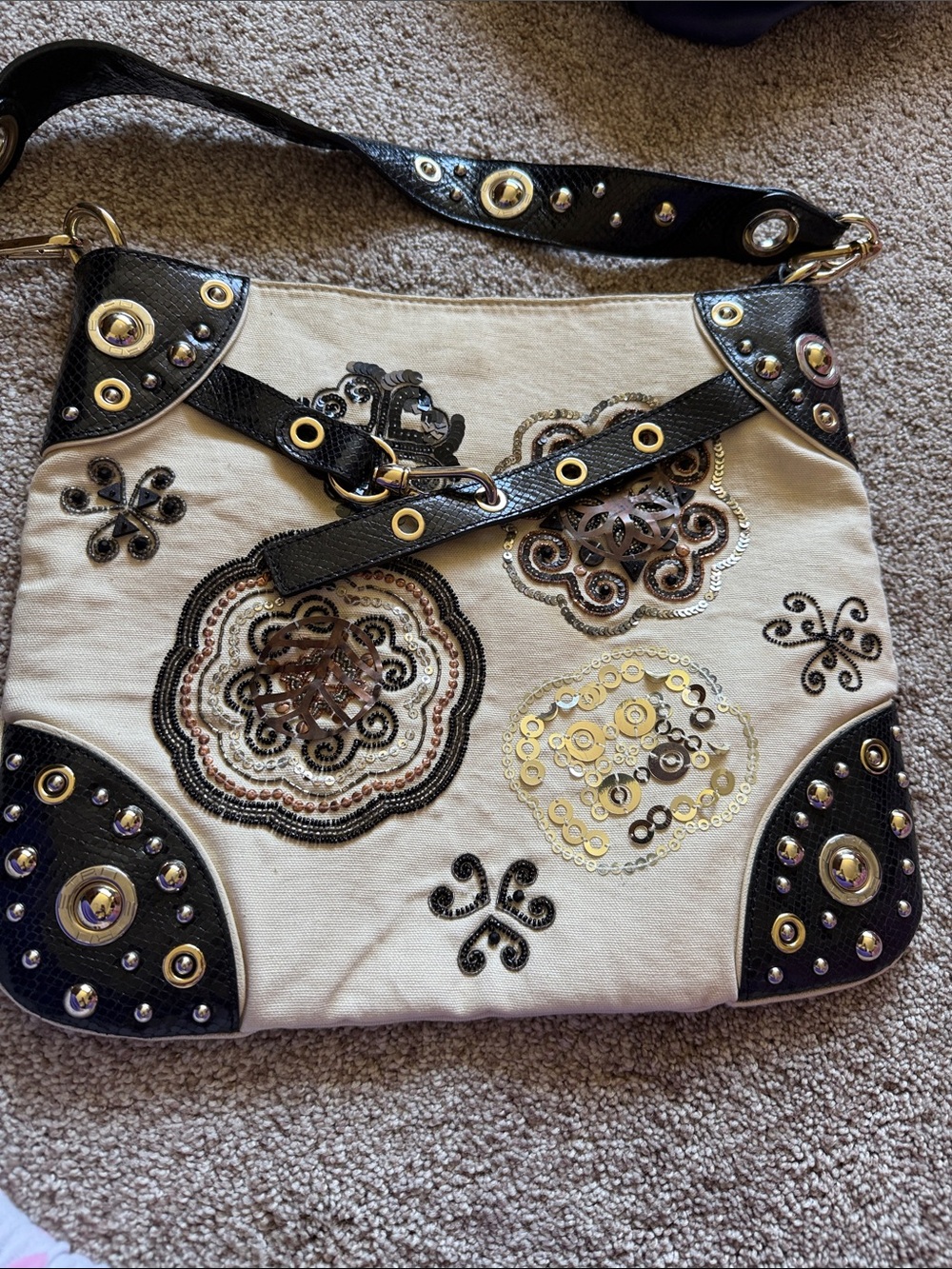 Etro Milano Embellished Canvas & Leather Shoulder Bag – Sequin Studded